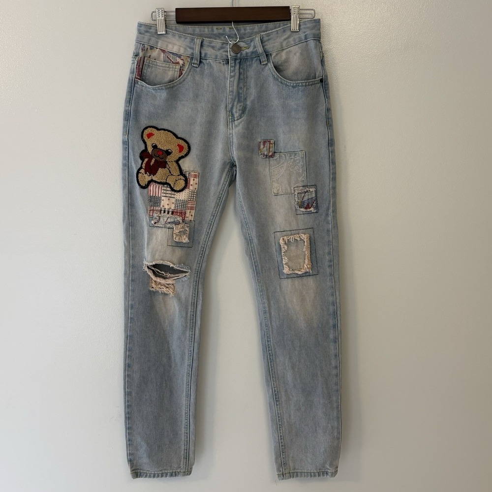 Teddy Bear Patch Distressed Light Wash Jeans Slim Straight Leg Size 28